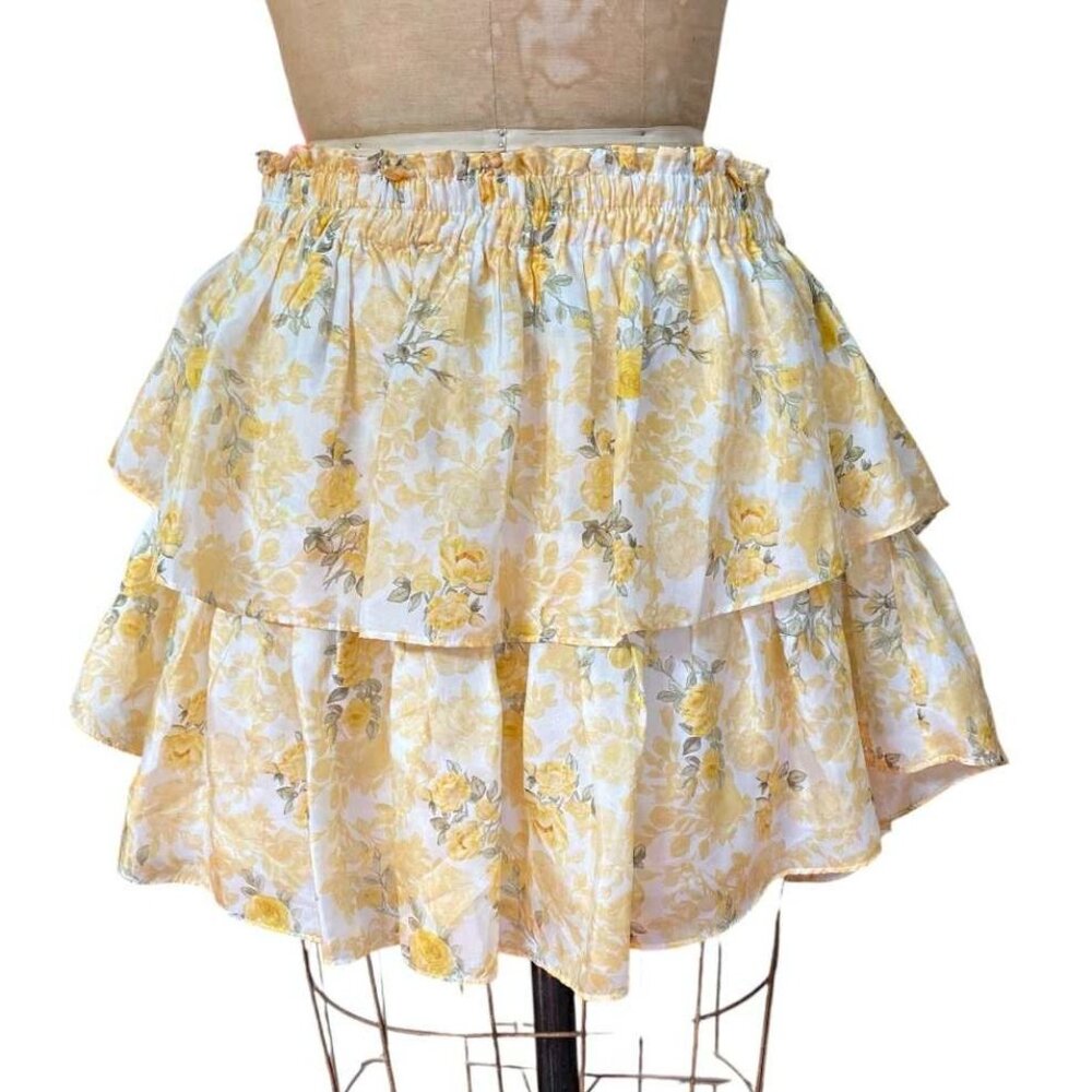LoveShackFancy Silk Ruffle Mini Skirt NWT size XL Lemon Daydream Floral Print